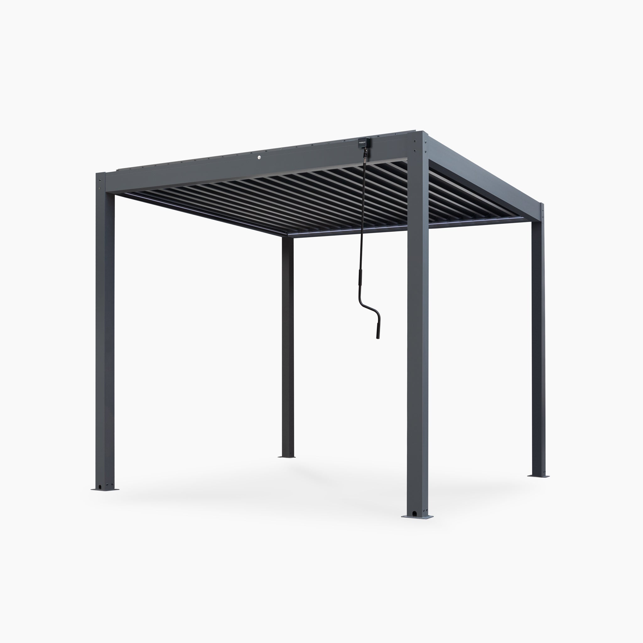 The PergoSTET Plus Frame Only 3m x 3m Square Pergola with LED Lighting in Grey features a modern, freestanding design with a louvred roof and manual crank handle, displayed on a white background.