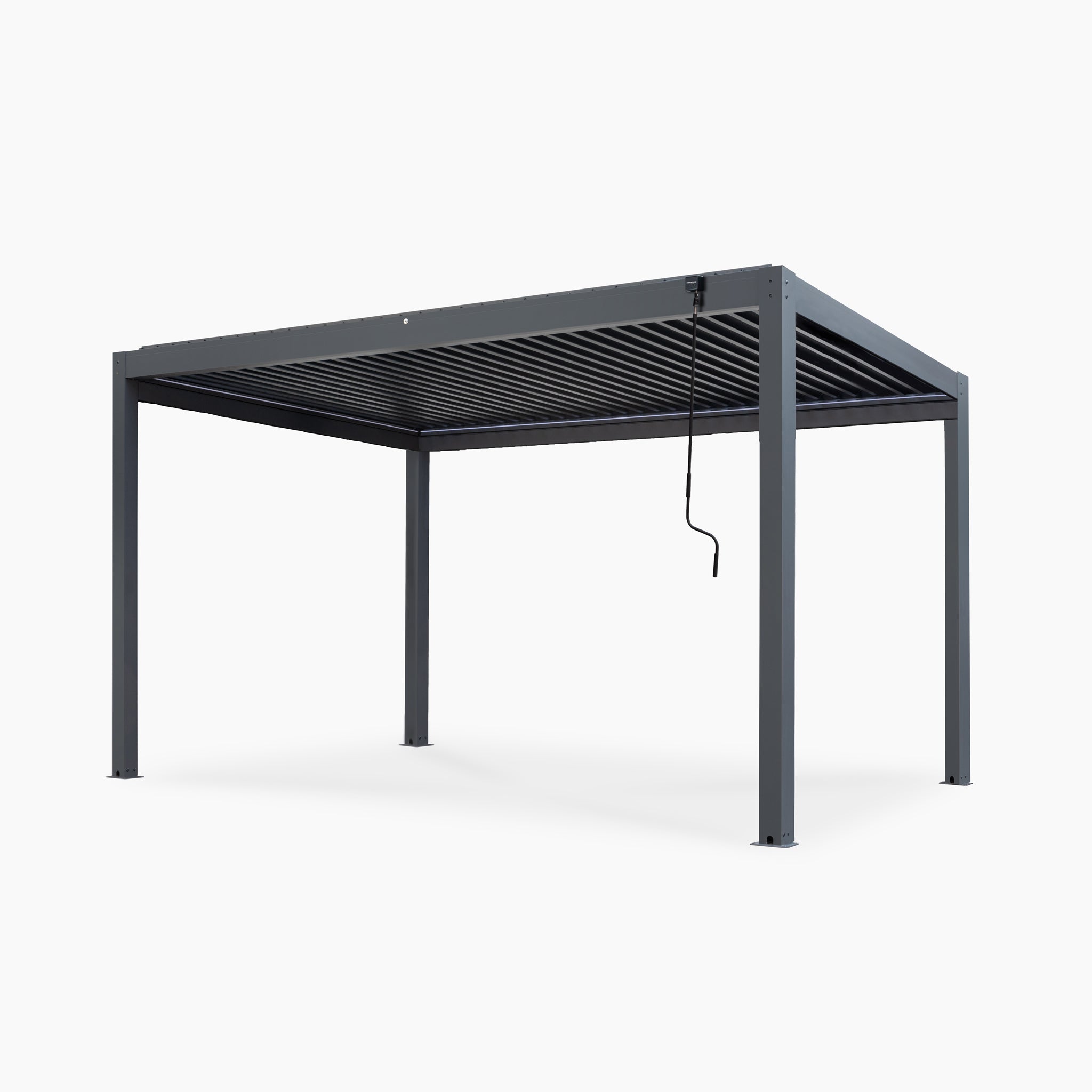 The PergoSTET Plus Frame Only 3m x 4m Rectangular Pergola in Grey features a louvred roof, hand crank, built-in drainage system, and LED lighting for modern style and functionality.