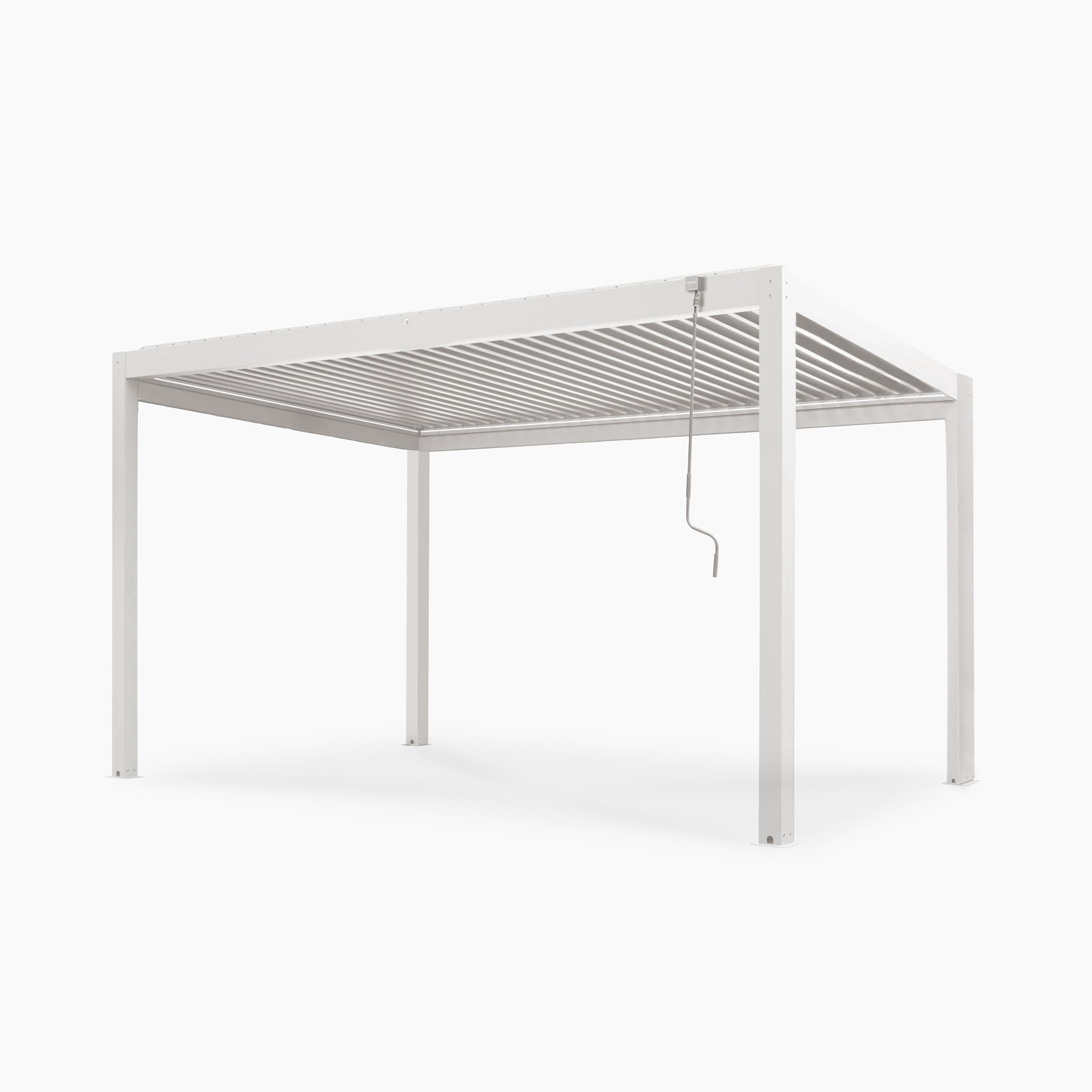 The PergoSTET Plus Frame Only 3m x 4m Rectangular Pergola in white features an adjustable slatted roof, LED lighting, and a modern louvred design with a hanging crank handle.